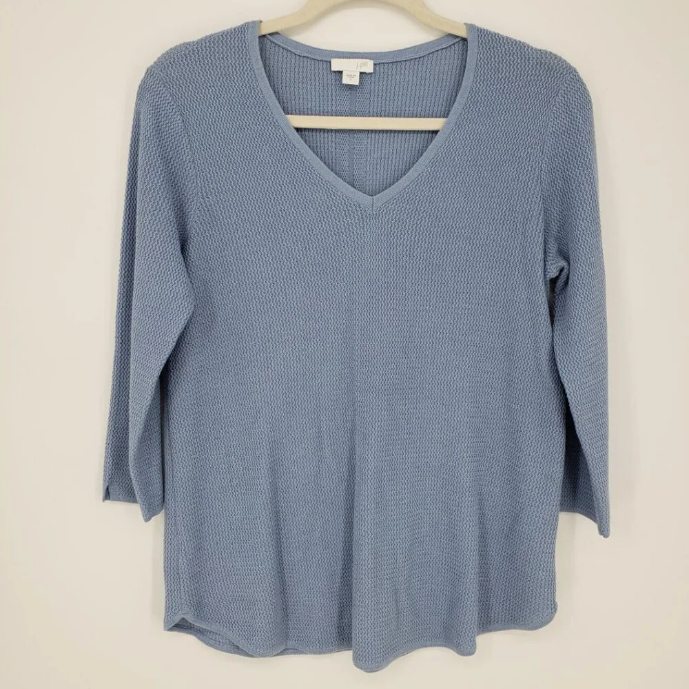 J. Jill Cotton Textured Knit Sweater S V Neck Light Blue 3/4 Sleeves